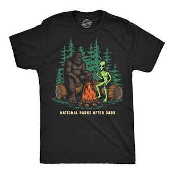 Mens Funny T Shirts National Parks After Dark Sarcastic Bigfoot Alien Graphic Novelty Tee for Men
