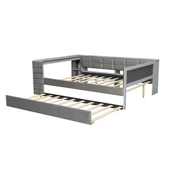 Merax Full Size Upholstered Platform Bed with Storage Shelves