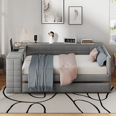 Merax Full Size Upholstered Platform Bed with Storage Shelves