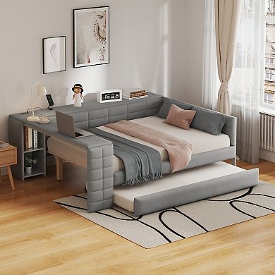Merax Full Size Upholstered Platform Bed with Storage Shelves