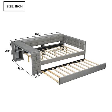 Merax Full Size Upholstered Platform Bed with Storage Shelves