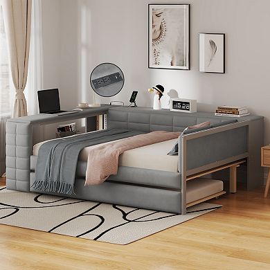 Merax Full Size Upholstered Platform Bed with Storage Shelves