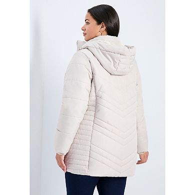 Avenue Women's Plus Size Triple Chevron Hooded Puffer Jacket