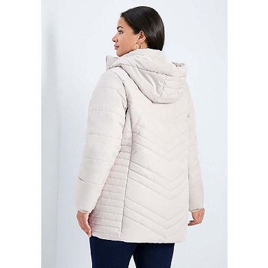 Avenue Women's Plus Size Triple Chevron Hooded Puffer Jacket