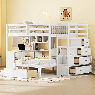 Merax Full Over Twin Bunk Bed with Desk, Drawers and Shelves