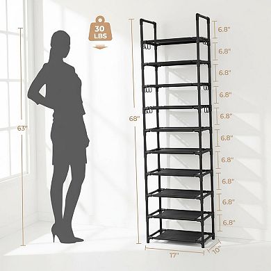 KAUFLY 10-Tier Shoe Rack w/ Dust Cover & Side Pockets, Rust-Proof