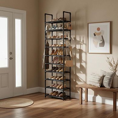 KAUFLY 10-Tier Shoe Rack w/ Dust Cover & Side Pockets, Rust-Proof
