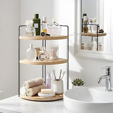 Corner Bathroom Counter Organizer Countertop , 3-Tier Corner Shelf Wood Vanity Tray Easy Assembly