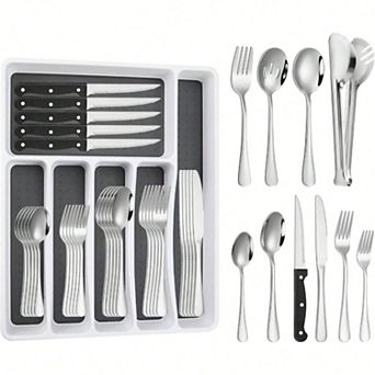 18/10 Stainless Flatware Set with Steak Knives & Organizer