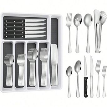 18/10 Stainless Flatware Set with Steak Knives & Organizer