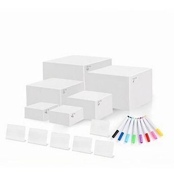 Great Ambitions 6 pc White Acrylic Buffet Risers with Mini Sign and Maker, Nesting Display Stands