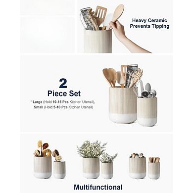 Utensil Holder, 7.3"+5.4" Ceramic Kitchen for Countertop, Boho Farmhouse Kitchen Decor, Set of 2