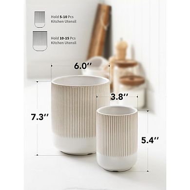 Utensil Holder, 7.3"+5.4" Ceramic Kitchen for Countertop, Boho Farmhouse Kitchen Decor, Set of 2