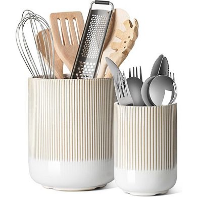 Utensil Holder, 7.3"+5.4" Ceramic Kitchen for Countertop, Boho Farmhouse Kitchen Decor, Set of 2