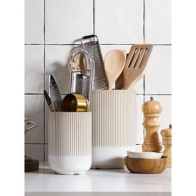 Utensil Holder, 7.3"+5.4" Ceramic Kitchen for Countertop, Boho Farmhouse Kitchen Decor, Set of 2