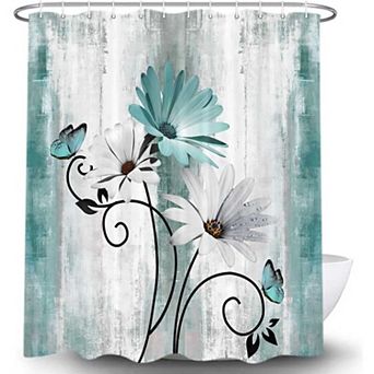 Rustic Farmhouse Shower Curtain, Farm Teal Daisy Floral Flowers and Butterfly on Country Wooden