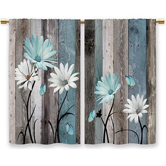 Farmhouse Daisy Kitchen Curtains Wooden Flower Small Short Cafe Window Curtains Rustic Floral 2 Ps