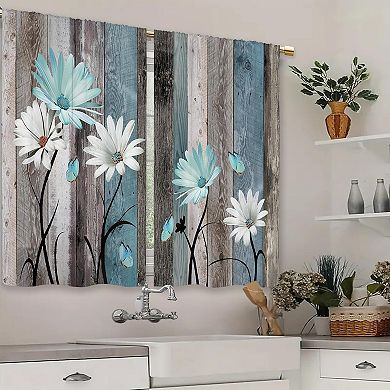 Farmhouse Daisy Kitchen Curtains Wooden Flower Small Short Cafe Window Curtains Rustic Floral 2 Ps
