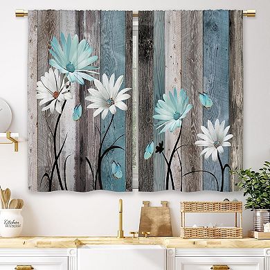 Farmhouse Daisy Kitchen Curtains Wooden Flower Small Short Cafe Window Curtains Rustic Floral 2 Ps