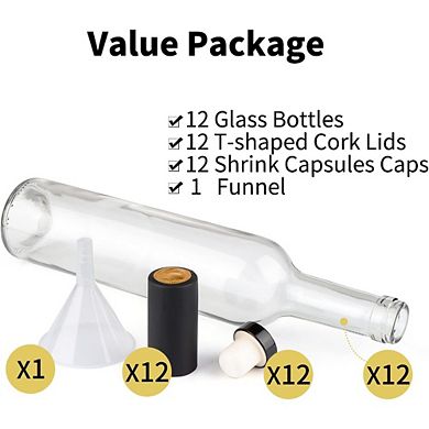 Great Ambitions 12-Pack 16oz Glass Bottles, Cork Lids & PVC Caps, Empty for Home Brewing