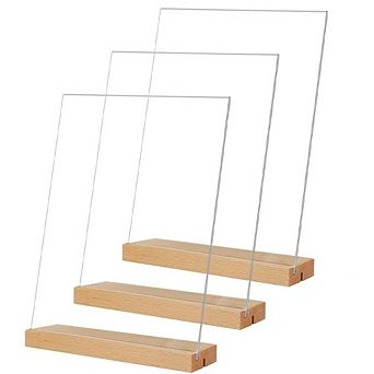 Great Ambitions 3-Pack 8.5x11" Acrylic Sign Holders with Wood Base, L/T Shape Display Stand