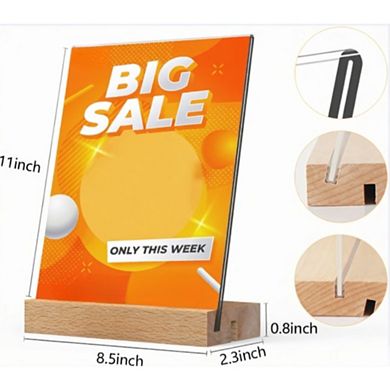 Great Ambitions 3-Pack 8.5x11" Acrylic Sign Holders with Wood Base, L/T Shape Display Stand