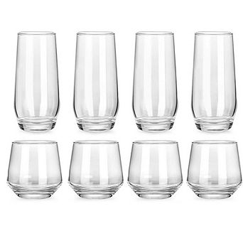JUANWANG Set of 8 Clear Glass Cups, 13oz & 18oz, Highball Tumblers for Cocktails, Juice