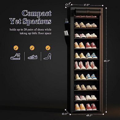 KAUFLY 10-Tier Shoe Rack w/ Dust Cover & Side Pockets, Rust-Proof