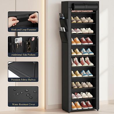 KAUFLY 10-Tier Shoe Rack w/ Dust Cover & Side Pockets, Rust-Proof