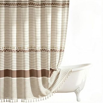 Boho Farmhouse Shower Curtain with 12 Clear Rings, Rustic Fabric Faux Linen Shower Curtain Set