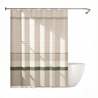 Boho Shower Curtain,Modern Farmhouse Shower Curtain Set with Tassels,Rustic Faux Linen Green Striped