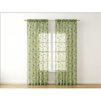 JUANWANG Sage Green Sheer Curtains, Embroidered Leaf, 2 Panels, 84" Long