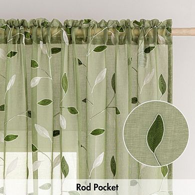 JUANWANG Sage Green Sheer Curtains, Embroidered Leaf, 2 Panels, 84" Long