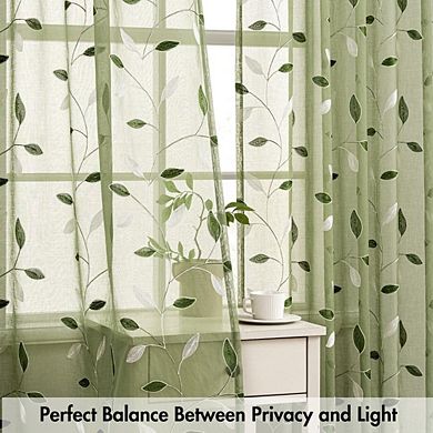 JUANWANG Sage Green Sheer Curtains, Embroidered Leaf, 2 Panels, 84" Long