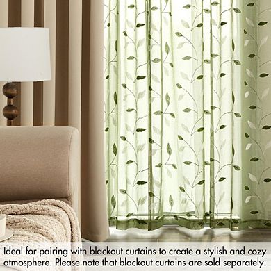 JUANWANG Sage Green Sheer Curtains, Embroidered Leaf, 2 Panels, 84" Long