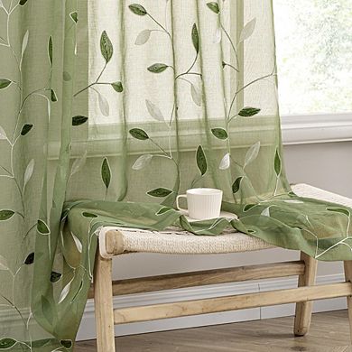 JUANWANG Sage Green Sheer Curtains, Embroidered Leaf, 2 Panels, 84" Long