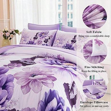 Reversible Peony Floral Comforter Set Breathable Polyester All Season