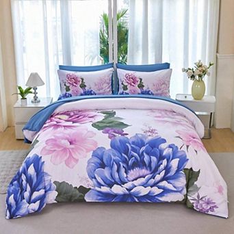 Reversible Peony Floral Comforter Set Breathable Polyester All Season