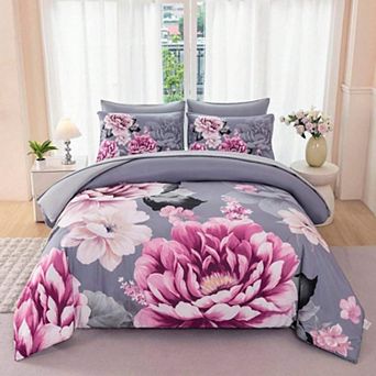 Reversible Peony Floral Comforter Set Breathable Polyester All Season