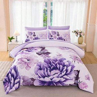 Reversible Peony Floral Comforter Set Breathable Polyester All Season