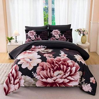 Reversible Peony Floral Comforter Set Breathable Polyester All Season