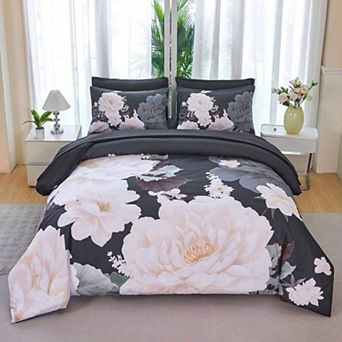 Reversible Peony Floral Comforter Set Breathable Polyester All Season