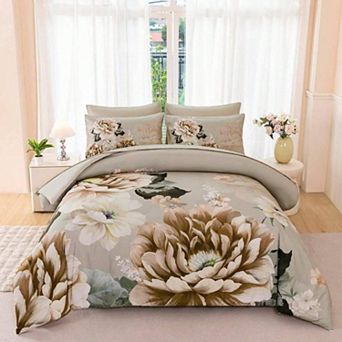 Reversible Peony Floral Comforter Set Breathable Polyester All Season