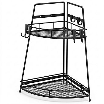 2 tier Metal Corner Counter Organizer, Bathroom & Vanity Storage with Hooks
