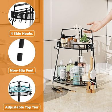2-Tier Metal Corner Counter Organizer, Bathroom & Vanity Storage with Hooks