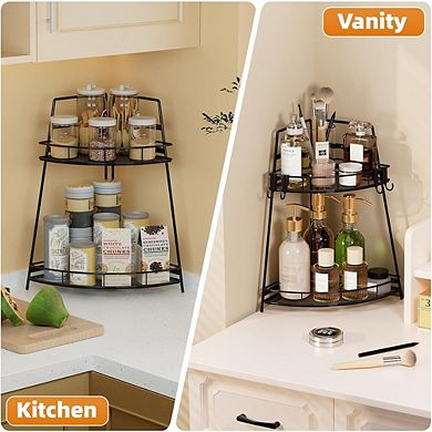 2-Tier Metal Corner Counter Organizer, Bathroom & Vanity Storage with Hooks