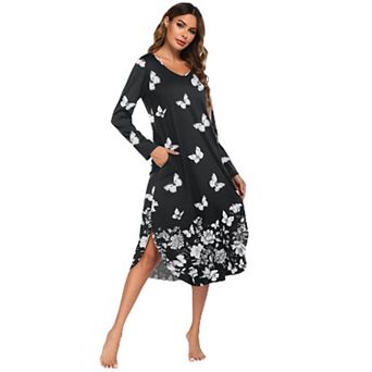 Ekouaer Womens Nightgown V Neck Nightshirts Long Sleeve Sleepwear with Pockets