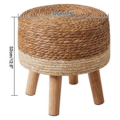 Seagrass Hand Woven Ottoman 12.6" Round Footrest Wood Frame Non-skid Natural White Boho Stool