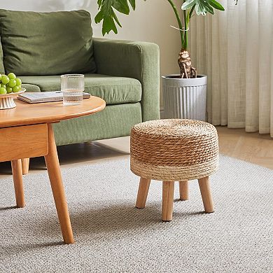 Seagrass Hand Woven Ottoman 12.6" Round Footrest Wood Frame Non-skid Natural White Boho Stool