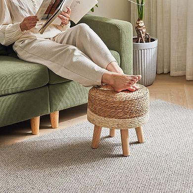 Seagrass Hand Woven Ottoman 12.6" Round Footrest Wood Frame Non-skid Natural White Boho Stool
